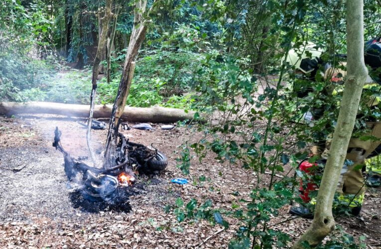 Brandweer blust brandende elektrische scooter in bos Enschede